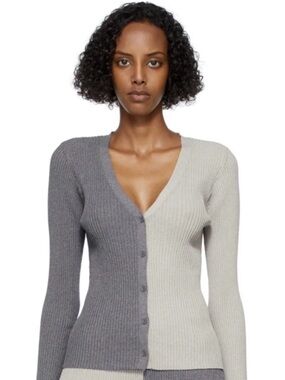 Staud Cargo Ribbed Knit Sweater Cardigan Gray Fitted Luxury Preppy XS
